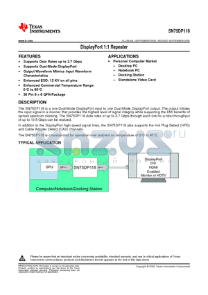 SN75DP118RHHRG4 datasheet - DisplayPort 1:1 Repeater