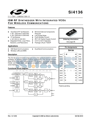 SI4136-BT datasheet - ISM RF SYNTHESIZER WITH INTEGRATED VCOS