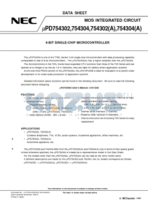 UPD754302GSA datasheet - 4-BIT SINGLE-CHIP MICROCONTROLLER