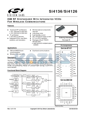 SI4136_10 datasheet - ISM RF SYNTHESIZER WITH INTEGRATED VCOS FOR WIRELESS COMMUNICATIONS