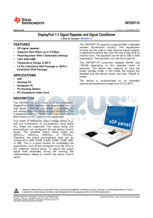 SN75DP119 datasheet - DisplayPort 1:1 Signal Repeater and Signal Conditioner