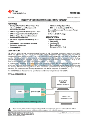SN75DP122ARTQT datasheet - DisplayPort 1:2 Switch With Integrated TMDS Translator