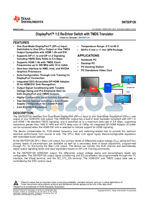 SN75DP126 datasheet - DisplayPort 1:2 Re-Driver Switch with TMDS Translator
