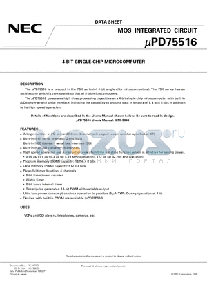 UPD75516GF-076 datasheet - 4-BIT SINGLE-CHIP MICROCOMPUTER