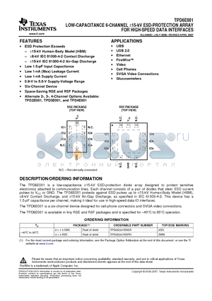 TPD6E001RSFRG4 datasheet - LOW-CAPACITANCE 6-CHANNEL a15-kV ESD-PROTECTION ARRAY FOR HIGH-SPEED DATA INTERFACES