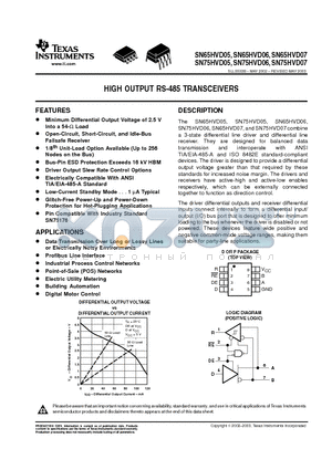 SN75HVD05 datasheet - HIGH OUTPUT RS-485 TRANSCEIVERS