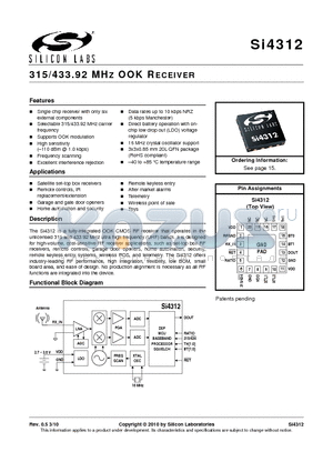 SI4312-B10-GM datasheet - 315/433.92 MHZ OOK RECEIVER