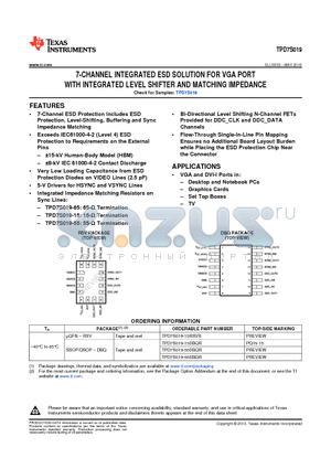 TPD7S019 datasheet - 7-CHANNEL INTEGRATED ESD SOLUTION FOR VGA PORT WITH INTEGRATED LEVEL SHIFTER AND MATCHING IMPEDANCE