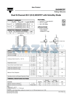 SI4340CDY-T1-E3 datasheet - Dual N-Channel 20-V (D-S) MOSFET with Schottky Diode