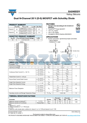 SI4340DDY datasheet - Dual N-Channel 20 V (D-S) MOSFET with Schottky Diode