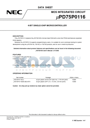 UPD75P0116 datasheet - 4-BIT SINGLE-CHIP MICROCONTROLLER