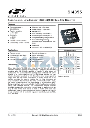 SI4355 datasheet - EASY-TO-USE, LOW-CURRENT OOK/(G)FSK SUB-GHZ RECEIVER