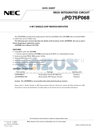 UPD75P068 datasheet - 4 BIT SINGLE-CHIP MICROCOMPUTER