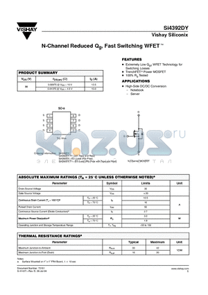 SI4392DY-E3 datasheet - N-Channel Reduced Qg, Fast Switching WFET