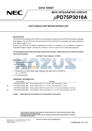 UPD75P3018AGK-BE9 datasheet - 4-BIT SINGLE-CHIP MICROCONTROLLER