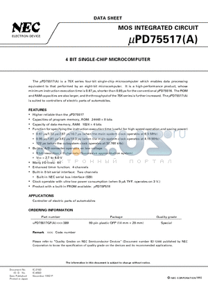 UPD75517GF datasheet - 4 BIT SINGLE-CHIP MICROCOMPUTER