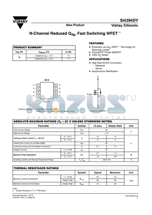 SI4394DY-T1-E3 datasheet - N-Channel Reduced Qdg, Fast Switching WFET