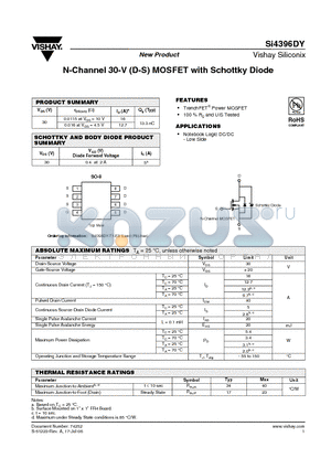 SI4396DY datasheet - N-Channel 30-V (D-S) MOSFET with Schottky Diode