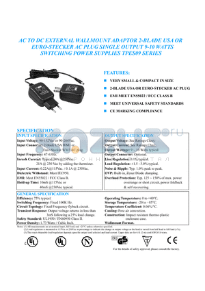 TPES09-050160-1 datasheet - AC TO DC EXTERNAL WALLMOUNT ADAPTOR 2-BLADE USA OR EURO-STECKER AC PLUG SINGLE OUTPUT 9-10 WATTS  SWITCHING POWER SUPPLIES TPES09 SERIES