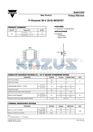SI4411DY-T1 datasheet - P-Channel 30-V (D-S) MOSFE
