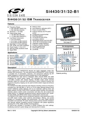 SI4430-B1-FM datasheet - Si4430/31/32 ISM TRANSCEIVER