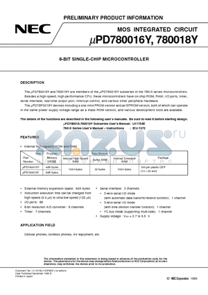 UPD780016YGF-XXX-3BA datasheet - 8-BIT SINGLE-CHIP MICROCONTROLLER