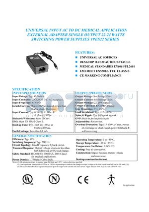 TPES22-240100 datasheet - UNIVERSAL INPUT AC TO DC MEDICAL APPLICATION EXTERNAL ADAPTER SINGLE OUTPUT 22-24 WATTS SWITCHING POWER SUPPLIES TPES22 SERIES
