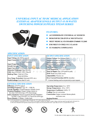 TPES49-12040 datasheet - UNIVERSAL INPUT AC TO DC MEDICAL APPLICATION EXTERNAL ADAPTER SINGLE OUTPUT 45-50 WATTS SWITCHING POWER SUPPLIES TPES49 SERIES