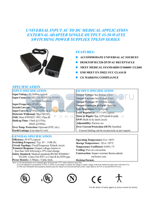 TPES49-24021 datasheet - UNIVERSAL INPUT AC TO DC MEDICAL APPLICATION EXTERNAL ADAPTER SINGLE OUTPUT 45-50 WATTS SWITCHING POWER SUPPLIES TPES49 SERIES