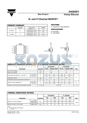 SI4505DY datasheet - N- and P-Channel MOSFET
