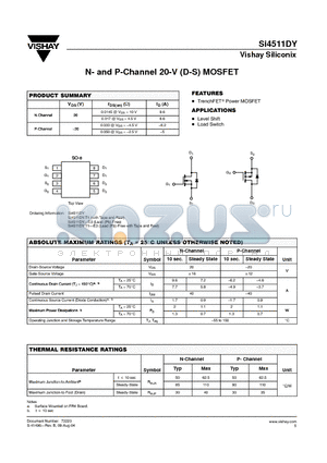 SI4511DY datasheet - N- and P-Channel 20-V (D-S) MOSFET