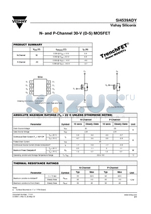 SI4539ADY-T1 datasheet - N- and P-Channel 30-V (D-S) MOSFET