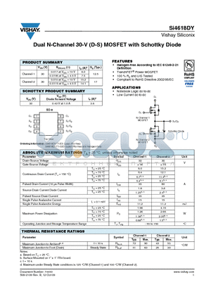SI4618DY-T1-GE3 datasheet - Dual N-Channel 30-V (D-S) MOSFET with Schottky Diode