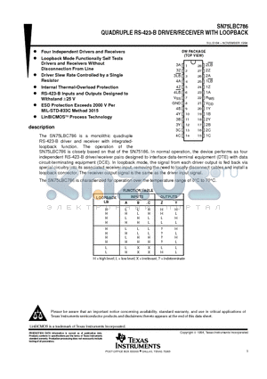 SN75LBC786 datasheet - QUADRUPLE RS-423-B DRIVER/RECEIVER WITH LOOPBACK