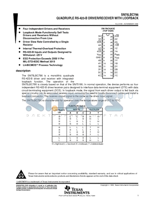 SN75LBC786DW datasheet - QUADRUPLE RS-423-B DRIVER/RECEIVER WITH LOOPBACK