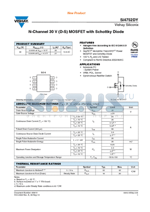 SI4752DY datasheet - N-Channel 30 V (D-S) MOSFET with Schottky Diode