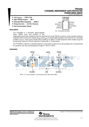 TPIC5203 datasheet - 2-CHANNEL INDEPENDENT GATE-PROTECTED POWER DMOS ARRAY