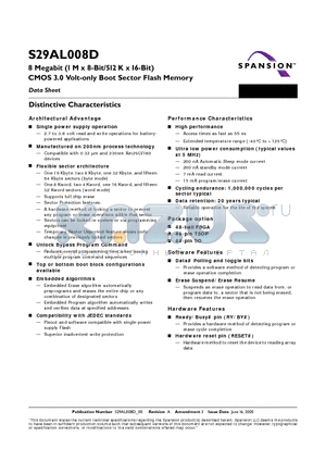 S29AL008D55BFN021 datasheet - 8 Megabit (1 M x 8-Bit/512 K x 16-Bit) CMOS 3.0 Volt-only Boot Sector Flash Memory