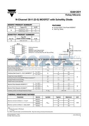 SI4812DY-T1 datasheet - N-Channel 30-V (D-S) MOSFET with Schottky Diode