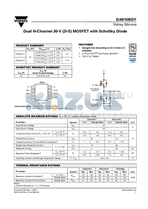 SI4816BDY datasheet - Dual N-Channel 30-V (D-S) MOSFET with Schottky Diode