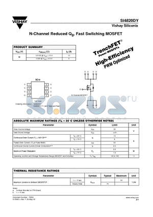SI4820DY datasheet - N-Channel Reduced Qg, Fast Switching MOSFET