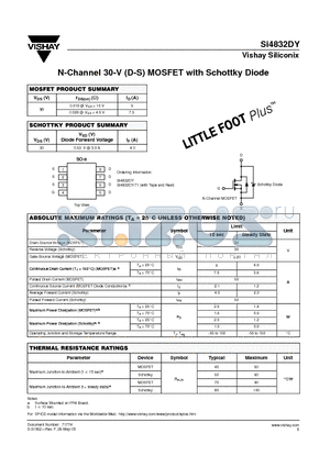 SI4832DY-T1 datasheet - N-Channel 30-V (D-S) MOSFET with Schottky Diode