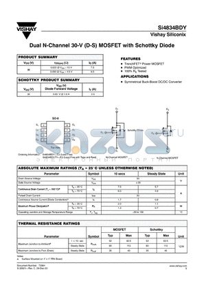 SI4834BDY datasheet - Dual N-Channel 30-V (D-S) MOSFET with Schottky Diode