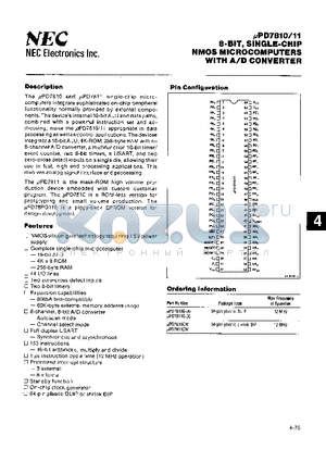 UPD7810 datasheet - 8 BIT SINGLE CHIP NMOS MICROCOMPUTERS WITH A/D CONVERTER