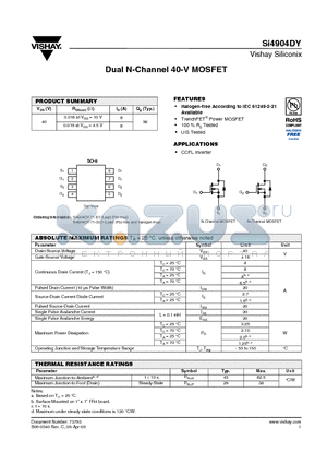 SI4904DY datasheet - Dual N-Channel 40-V MOSFET