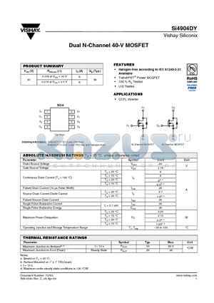 SI4904DY-T1-GE3 datasheet - Dual N-Channel 40-V MOSFET