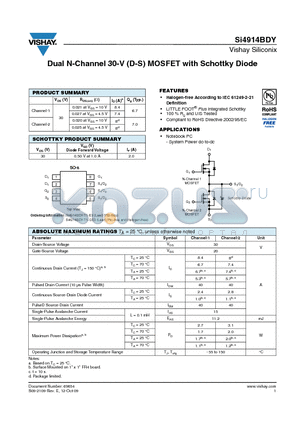 SI4914BDY-T1-GE3 datasheet - Dual N-Channel 30-V (D-S) MOSFET with Schottky Diode