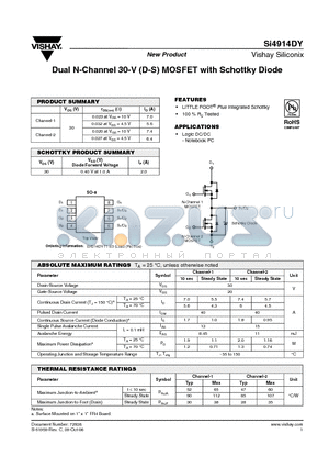 SI4914DY datasheet - Dual N-Channel 30-V (D-S) MOSFET with Schottky Diode