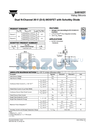 SI4916DY-T1-E3 datasheet - Dual N-Channel 30-V (D-S) MOSFET with Schottky Diode