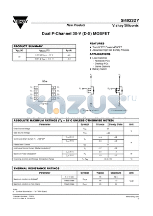 SI4923DY datasheet - Dual P-Channel 30-V (D-S) MOSFET